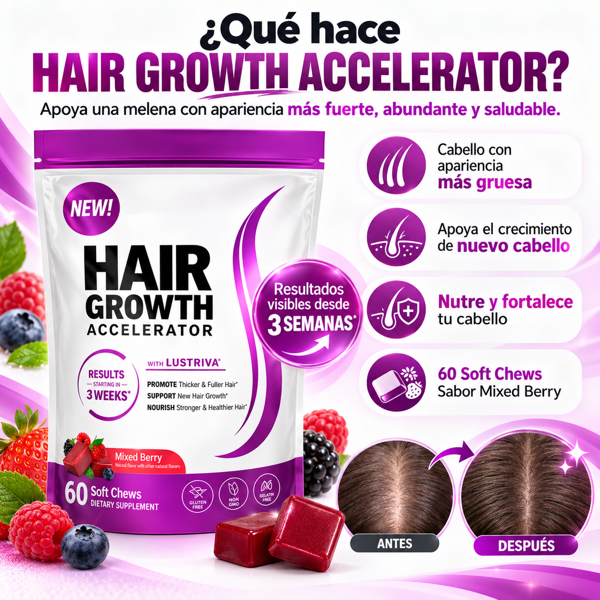 Hair Growth Accelerator – Gomitas para un Cabello Más Fuerte y con Volumen (60 und)